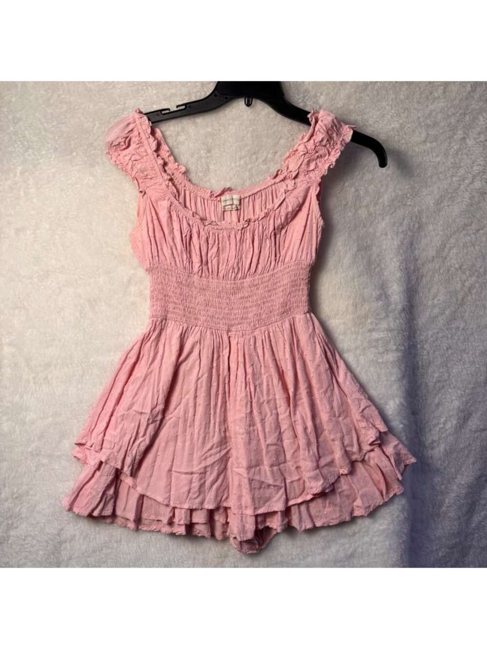 Urban Outfitters Rosie medium Pink Smocked tiered Swiss Dot romper ruffled
